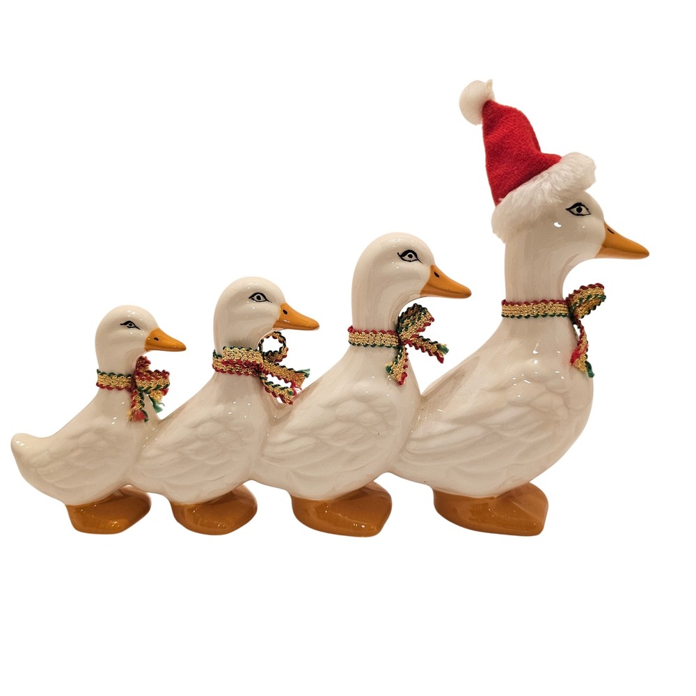 Vintage 70s Ceramic Duck Family Figurine with Removable Santa Hat White 11in